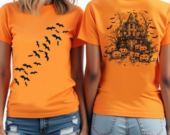 Haunted House, Vintage Halloween Tee - Bats Front, Pumpkin Back Print | Ring-Spun Cotton Unisex