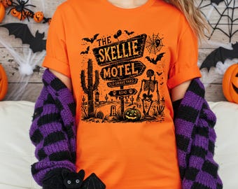 Halloween Shirt, Skellie Motel Skeleton Tee, Pumpkin Bat Design | DTF Print - Unisex Top, Fall Outfit