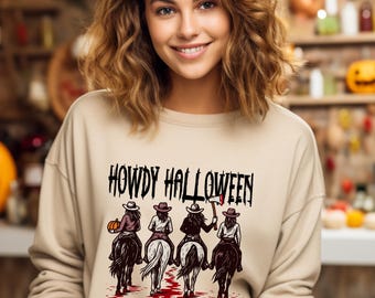 Howdy Halloween, Spooky Cowgirl Tee, Witchy Western Graphic, Horror Country Vibe | Ring-Spun Cotton, Multiple Sizes