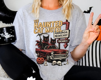 Halloween Cat, Retro Haunted Motel T-Shirt | Ring-Spun Cotton, Unisex Tee, Fall Spooky Graphic