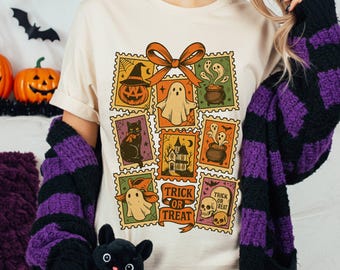 Halloween Stamp Shirt, Retro Ghost And Cat Design - Cute Spooky Fall Tee, Multiple Styles
