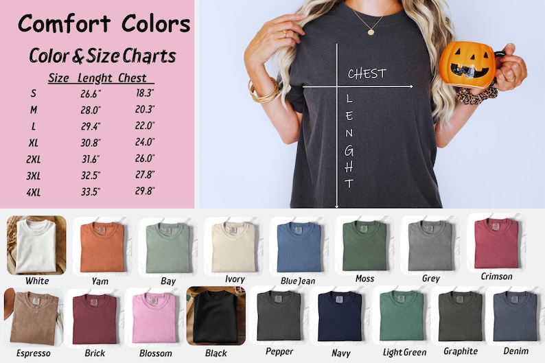 Op de afbeelding: Een maattabel voor T-shirts met metingen in inches. De tabel toont de maat, lengte en borstmetingen voor maten S tot en met 4XL. De tabel wordt vergezeld van een kleurenkaart met 15 verschillende kleuren T-shirts.