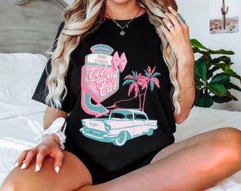 Retro Getaway Car Motel Tee, Groovy Beach Cowgirl Top, Garment-Dyed Cotton
