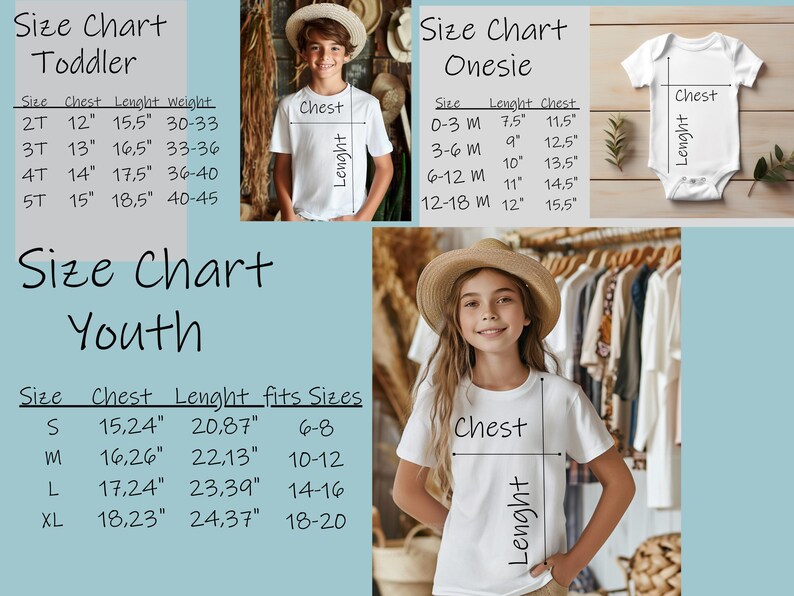May include: Size chart for toddler, youth, and onesie clothing. The chart shows measurements in inches for chest, length, and weight for toddler sizes 2T, 3T, 4T, and 5T. The youth size chart shows measurements in inches for chest and length for sizes S, M, L, and XL. The onesie size chart shows measurements in inches for length and chest for sizes 0-3M, 3-6M, 6-12M, and 12-18M.