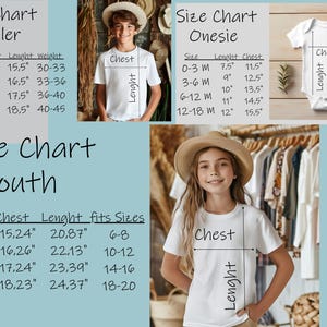 May include: Size chart for toddler, youth, and onesie clothing. The chart shows measurements in inches for chest, length, and weight for toddler sizes 2T, 3T, 4T, and 5T. The youth size chart shows measurements in inches for chest and length for sizes S, M, L, and XL. The onesie size chart shows measurements in inches for length and chest for sizes 0-3M, 3-6M, 6-12M, and 12-18M.