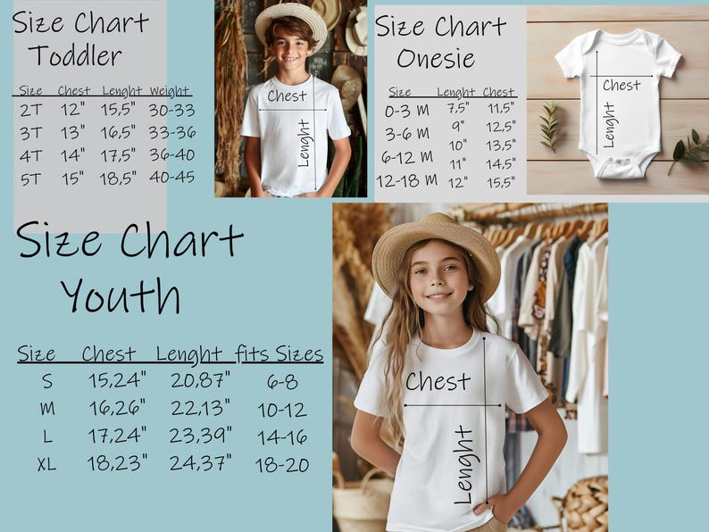 May include: Size chart for toddler, youth, and onesie clothing. The chart shows measurements in inches for chest, length, and weight for toddler sizes 2T, 3T, 4T, and 5T. The youth size chart shows measurements in inches for chest and length for sizes S, M, L, and XL. The onesie size chart shows measurements in inches for length and chest for sizes 0-3M, 3-6M, 6-12M, and 12-18M.
