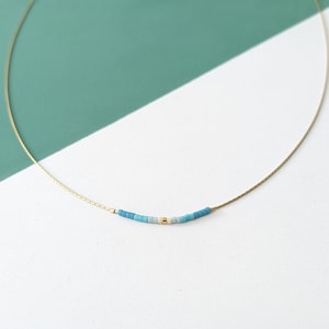 Blue Ombre Dainty Beaded Necklace, Gold Chain