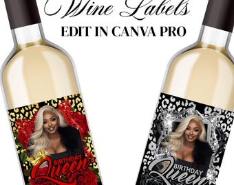 Może przedstawiać: Dwie butelki wina z etykietami z napisem "DIGITAL Wine Labels" i "EDIT IN CANVA PRO". Etykiety przedstawiają kobietę z blond włosami i napisem "Birthday Queen". Jedna etykieta ma czerwone róże i złotą koronę.