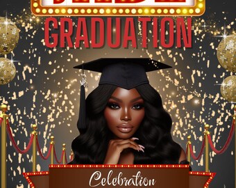 Puede incluir: Una invitación de graduación con una alfombra roja, estrellas doradas y una ilustración en blanco y negro de una mujer con un gorro de graduación. El texto de la invitación dice "JADE GRADUATION Celebration 8316 WEST MARKHAM LITTLE ROCK, AR 72205 MAY 21, 2025 7 PM-11 PM".