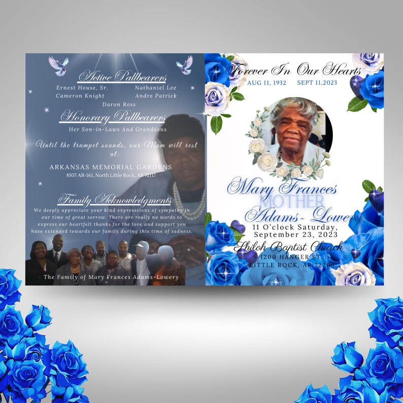Elegant Blue Rose Funeral Program Template: Celebration of Life ...