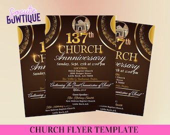 Può includere: Un modello di volantino per la chiesa marrone e oro con uno sfondo di glitter dorato. Il volantino annuncia il 137° anniversario della chiesa, che si terrà domenica 17 settembre alle 14:00. Il volantino include il nome della chiesa, l'indirizzo e il nome dell'oratore ospite.