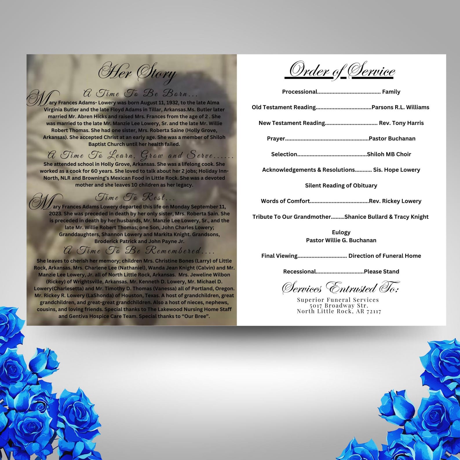 Elegant Blue Rose Funeral Program Template: Celebration of Life ...
