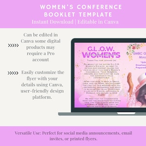 May include: A digital booklet template for a women's conference, designed for instant download and editing in Canva. The design features a laptop displaying a flyer with the conference theme and text. The template is customizable for social media and email.