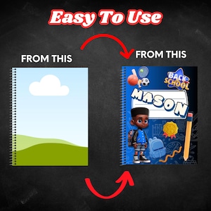 Puede incluir: Un cuaderno con una cubierta azul con el nombre "MASON" en blanco, un niño de dibujos animados y gráficos temáticos escolares. El cuaderno se transforma de una escena de paisaje simple a un diseño personalizado de regreso a la escuela. El texto dice "Easy To Use" y "Back to School."
