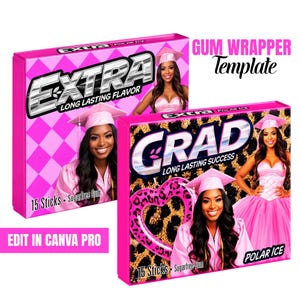 May include: Two pink Extra gum boxes with the text "EXTRA" and "GRAD" in silver. The boxes feature images of women in graduation attire. The text "LONG LASTING FLAVOR" and "LONG LASTING SUCCESS" are also visible. The words "POLAR ICE" and "Sugarfree Gum" are also visible.