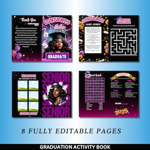 May include: A graduation activity book with eight pages featuring a variety of activities, including a thank you page, a yearbook page, a word search, a maze, and a congratulations page. The book is decorated with a purple and black color scheme and features a black graduate with a graduation cap.