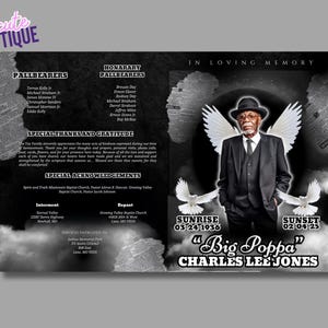 May include: Black and white memorial card with a photo of a man in a suit and tie. The card has the text "In Loving Memory" at the top and "Big Poppa" Charles Lee Jones at the bottom. The card also includes the dates of his birth and death.