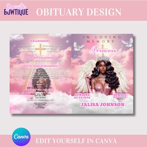 May include: A pink and white obituary template with a photo of a woman with angel wings. The text reads "In Loving Memory Princess" and includes the deceased's name, birthdate, and date of death. The template also includes sections for pallbearers, honorary pallbearers, special acknowledgements, burial information, and repast information.