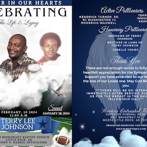 Peut inclure: Un programme funéraire pour Terry Lee Johnson, avec un fond bleu et des colombes blanches. Le programme comprend les dates de naissance et de décès, les informations sur le service et une liste des porteurs de cercueil. Le texte "Forever in Our Hearts" et "Celebrating The Life & Legacy" figure en haut du programme.