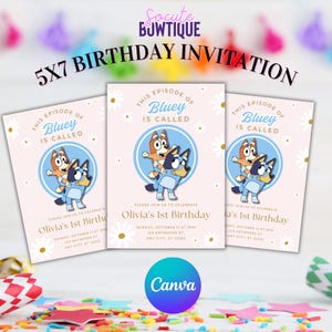 Editable Bluey Birthday Invitation | Digital Girl Bluey Party Invite | Blue Dog Printable | Canva Template