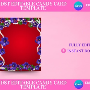 May include: A red candy card template with a border of purple flowers and white pearls. The text "DST EDITABLE CANDY CARD TEMPLATE" is at the top and bottom of the card. The text "EDIT YOURSELF IN CANVA" is in the top right corner. The text "FULLY EDITABLE INSTANT DOWNLOAD" is in the bottom right corner.
