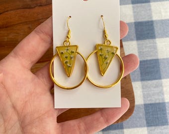 Real Pressed Floral Earrings | Gold Plated with Light Yellow Resin Flower Jewelry