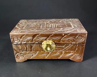 Vintage Chinese Hand-Carved Camphor Chest, Artisan Wood Box, Tea Art Collectible, 7” wide