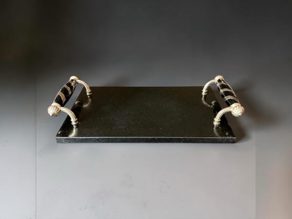Godinger Art Deco Barware Black Granite Tray with Silver Metal Handles and Ball Feet Bar Cart Accessory and Cheese Board Centerpiece 12”