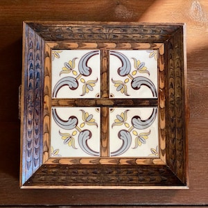 Hand Carved Wood Tray with Mexican Tiles: Rustic Folk Art Serving Platter