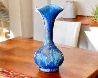 Vintage Blue Aquamarine Iridescent Art Pottery Vase Scalloped Ruffle Top Drip Glaze Signed
