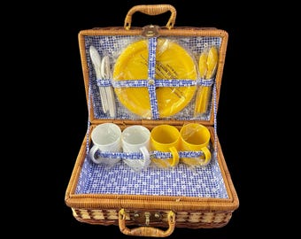 Vintage Woven Wicker Picnic Basket Blue Check Fabric with Yellow & White Accessories Plates Flatware Mugs