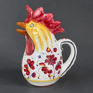 Large Rooster Shaped Pitcher Carafe Jug Decorated in Ricco Classic Deruta Artistic Ceramic. Hand Painted 100% MADE IN ITALY 10.25”