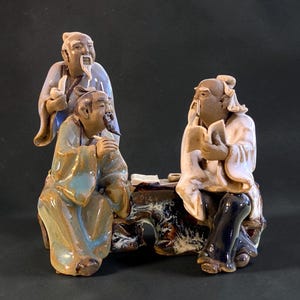 Chinese 3 Shiwan Mudman Scholar Pottery Figurine Glazed Miniature Clay Art Global Library Shelf Decor 3”x3”