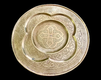 Antique Moroccan Brass Tray: Etched Maltese Cross, 17.5”