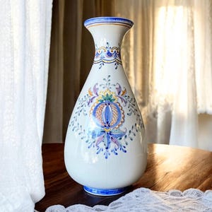 Vintage White Blue Vase Hand Painted Carvalhinho Porto Pottery Portugal 9.5”