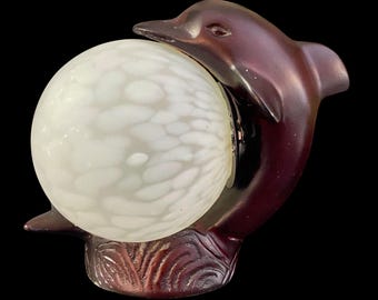 Vintage Art Deco Dolphin TV Lamp Cast Metal Bronze Tone Figural Satin Glass Globe Table Light Mid Century Modern Nautical Ocean Coastal Gift