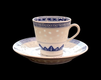 Vintage Rice Eye Espresso Cup and Saucer, Blue White Porcelain, Linglong Design