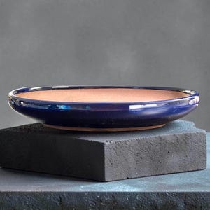 May include: A shallow, circular ceramic dish featuring a smooth, glossy dark blue glazed exterior and a contrasting unglazed terracotta-colored interior. The dish has a low profile with a wide, open basin and a slightly curved rim.