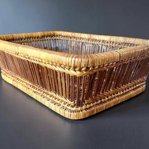 Vintage Rectangular Wicker Boho Split Cane Basket Vertical Spoke Rattan Woven Tray Boho Table Centerpiece 14.5x9.5
