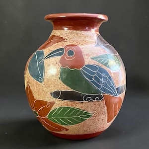 Vintage Nicaraguan Folk Art Pottery Vase Toucan Bird Hand Painted Terracotta Artisan  Redware Floral Table Shelf Decor 5”tx4.5”w
