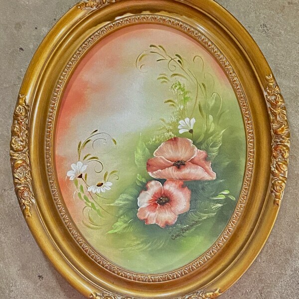 VTG Original Framed Oil Painting On Canvas Victorian to Art Nouveau Pink Poppies Floral with Ornate Gold Oval Frame Signed