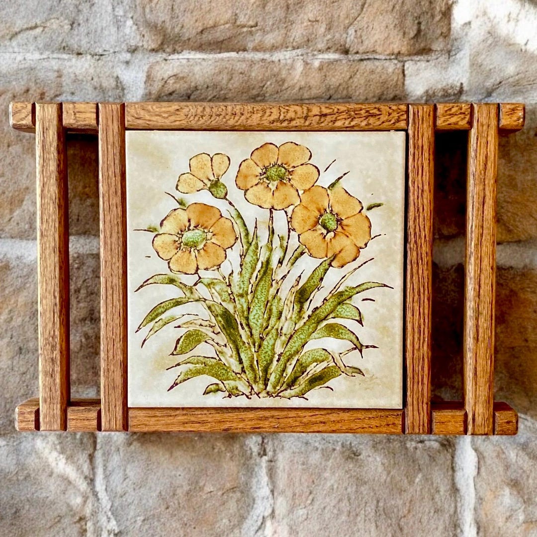 Large Italian Trivet MCM Kitchen Tile Wood Framed Hand Painted Floral ...