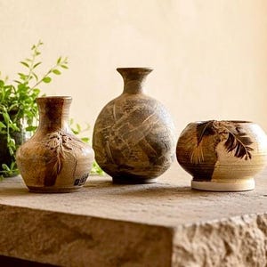 May include: Three handcrafted ceramic vases in earthy tones. The vases vary in shape and size, with textured surfaces and decorative details. The arrangement includes a small, round vase, a taller, bulbous vase, and a small vase with a narrow neck.