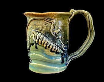 3D Sea Shell Studio Art Pottery Mug Beach Core Ocean Stoneware Green Blue Signed