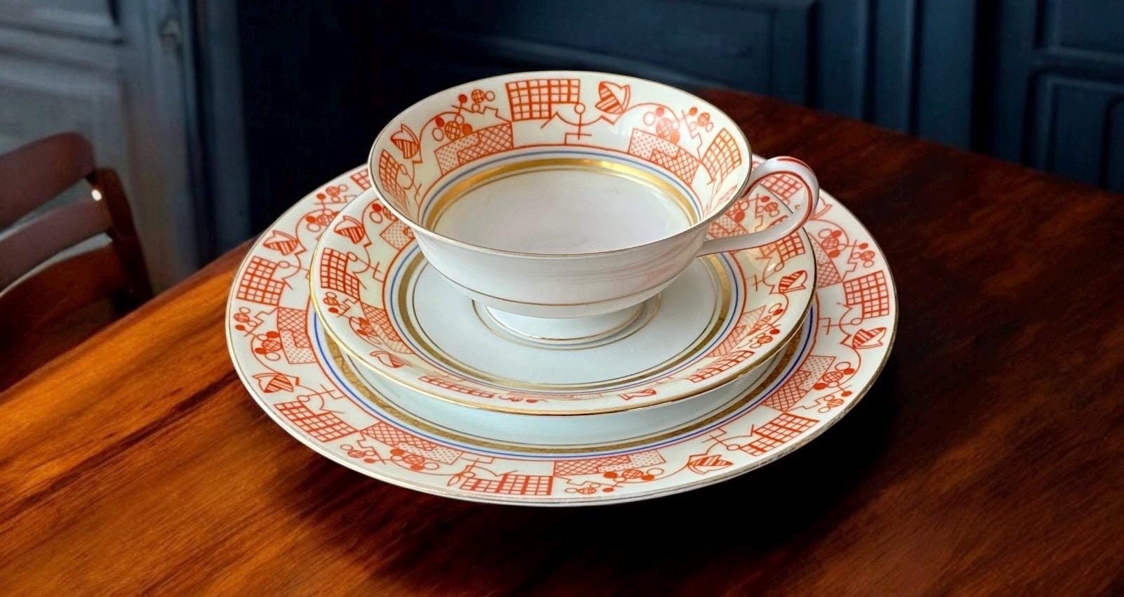 Vintage Furstenberg Teacup Saucer Cake Plate Hand Painted Porcelain Germany RARE