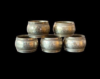 Hammered Silver Metal Napkin Ring Holders, Made in India, Table Decor - Set of 5