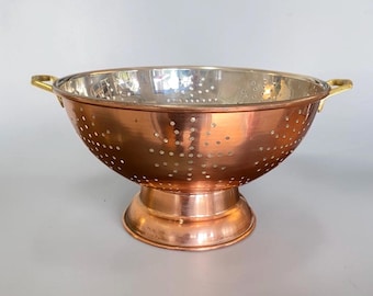 Vintage Copper XL 11.5" Rustic Pedestal Colander Footed Fruit Bowl Brass Handles Farmhouse Kitchen Decor Large Copper Strainer Centerpiece