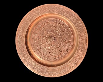 Bandeja de cobre vintage, plato de cobre repujado, plato de pared de arte popular mexicano, piedra solar azteca, calendario solar artesanal de México de 30 cm (12 pulgadas)
