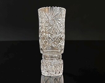 Art Deco Crystal Pedestal Vase, Vintage Pinwheel Cut Glass Flower Vase, Mid Century Ornate Faceted Centerpiece, Clear European Lux Decor