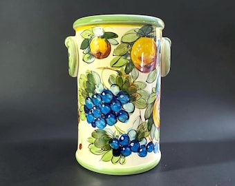 Toscana Bees and Lemons Wine Chiller Artisan Made in Italy Hand Painted Italian Ceramic Utensil Holder with Grapes or Table Vase 8.25” tall